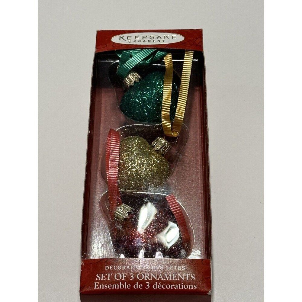 Hallmark 2000 Keepsake Ornament Set of 3 Glitter Hearts Red Green Gold Glass